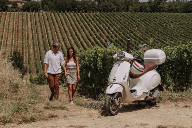 scooter blanche à côté de deux personnes marchant à travers des vignobles