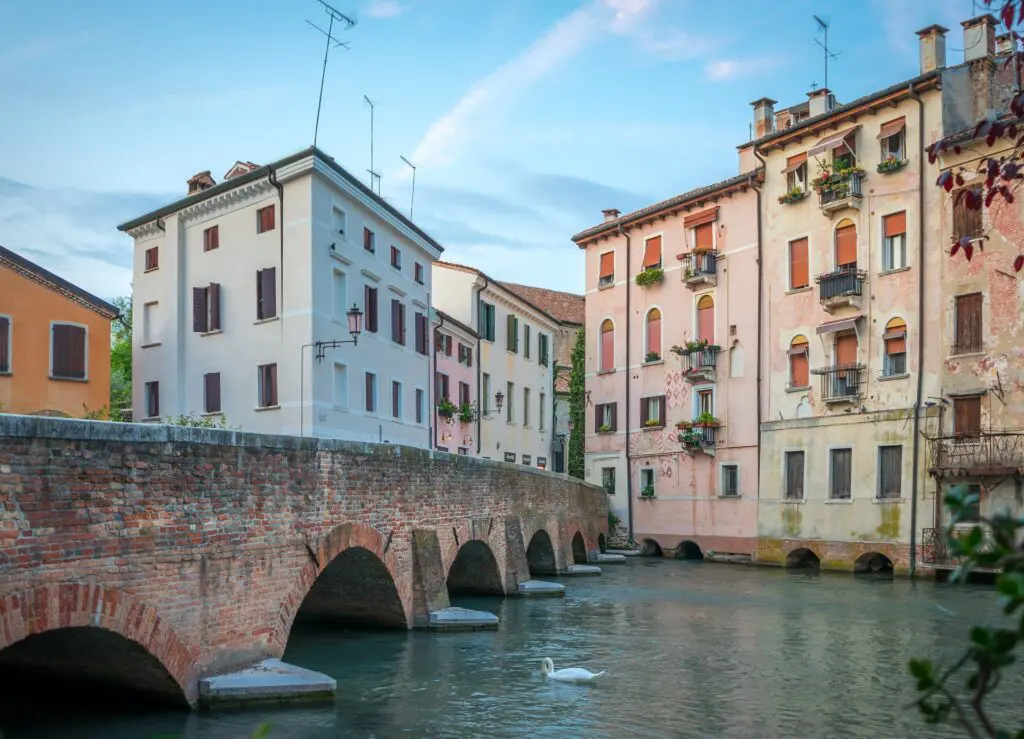 Pont en briques historique traversant une rivière calme avec des maisons pastel et des balcons dans une ville italienne, avec un cygne blanc nageant au premier plan et un ciel bleu clair en arrière-plan.