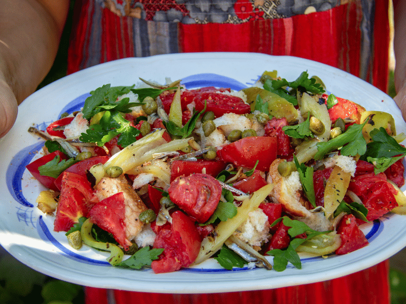 Panzanella : une salade de pain froide avec des tomates, de l'oignon rouge, de l'huile d'olive et un peu de vinaigre.